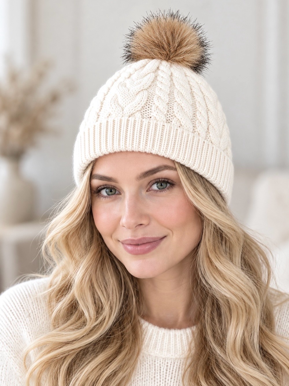 J. Crew Beanie Hat Knit Cable Pom-Pom Off-White Stretch
